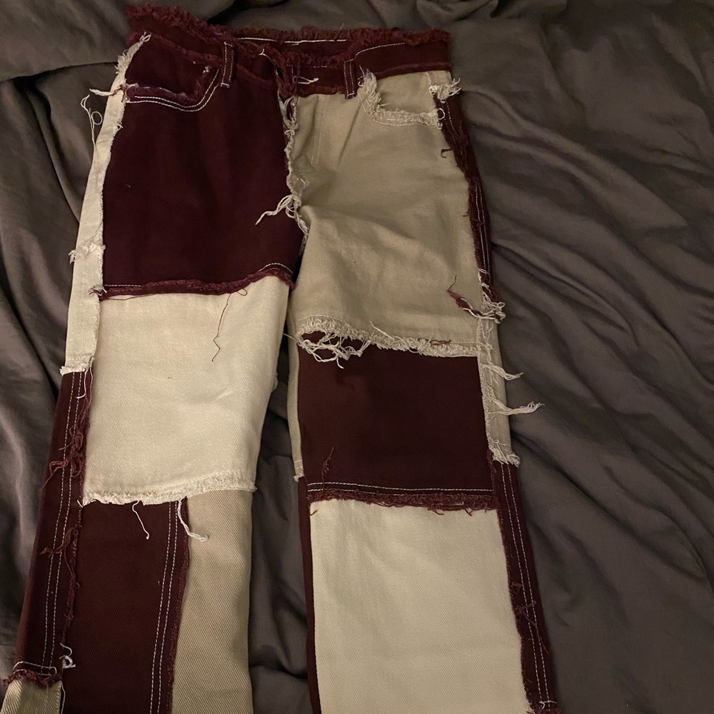 patchwork jeans- brown/maroon, tan & cream